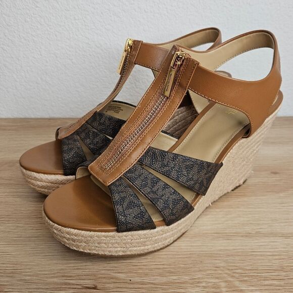 MICHAEL Michael Kors Women's Berkley Espadrille Wedge Leather Sandal, Brown, 9 - Picture 1 of 7